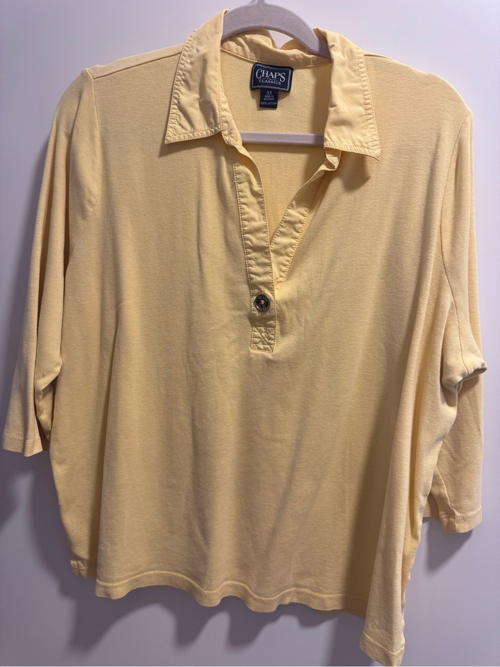 Chaps Women's Pale Yellow Polo-Style Long 3/4 Sleeve T-Shirt